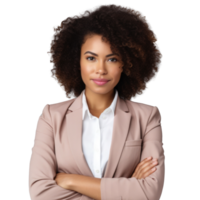 AI generated Portrait of confident black woman with crossed arms on her chest looking at camera. Smiling african american businesswoman isolated on transparent background. png