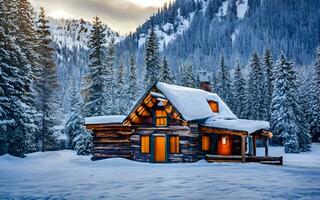 AI generated Solitude's Embrace, A Winter Wonderland Unveils a Cozy Log Cabin in Nature's Embrace photo