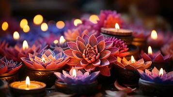 AI generated Colorful clay diya lamps with flowers on purple background, Generative AI. photo