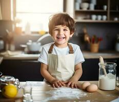 AI generated Caucasian kid with smile dressed as a chef in the kitchen. photo