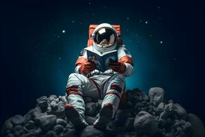 AI generated Cute spaceman or astronaut sitting on mountaintop and reading book. photo