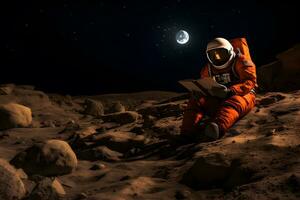 AI generated Cute spaceman or astronaut sitting on mountaintop and reading book. photo