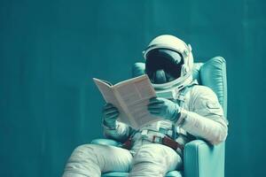 AI generated Cute spaceman or astronaut sitting on mountaintop and reading book. photo