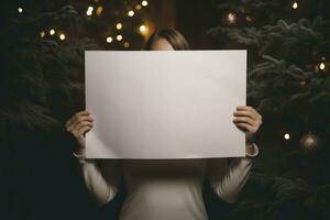 AI Generated hands of a stylish woman holding a small, blank, white sheet against the enchanting backdrop of a Christmas tree photo