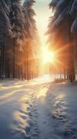 AI Generated a snowy forest adorned with sparkling snow, bathed in the gentle glow of sun rays. photo