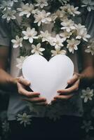 AI Generated Gentle hands hold an ethereal, empty paper heart, set against a backdrop of vibrant flowers photo