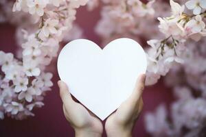 AI Generated Gentle hands hold an ethereal, empty paper heart, set against a backdrop of vibrant flowers photo