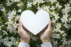 AI Generated Gentle hands hold an ethereal, empty paper heart, set against a backdrop of vibrant flowers photo