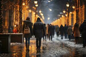 AI Generated Festive lights twinkle, casting a soft glow on the walking people, their movement melting into a winter blur photo