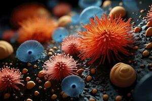 AI Generated The stark beauty of microbiology comes to life under the microscope, bacteria mingling with fungi and viruses. photo