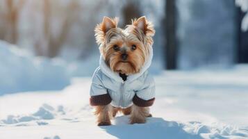 ai generado linda Yorkshire terrier caminando a lo largo un Nevado calle en un soleado invierno día foto