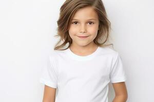 AI generated Little girl in a white t shirt on white background. Cute smiling 6 years old child with long curly hair. Mockup ai generated photo