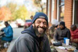 ai generado sonriente Vagabundo hombre comiendo gratis comida en un calle cantina foto