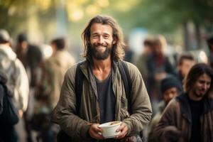 ai generado sonriente Vagabundo hombre comiendo gratis comida en un calle cantina foto