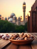 AI generated bowl dates on wooden behind mosque background photo