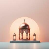 AI generated beautiful burning arabic lantern on wooden table, ramadan background photo