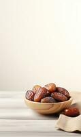 AI generated bowl dates on wooden, white background, ramadan photo