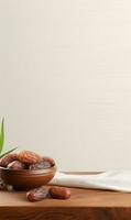 AI generated bowl dates on wooden, white background, ramadan photo