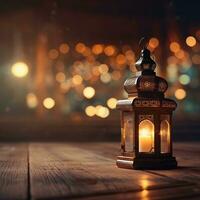 AI generated beautiful burning arabic lantern on wooden behind mosque background, ramadan photo