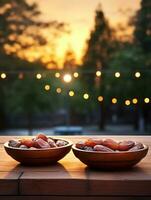 AI generated bowl dates on wooden behind mosque background photo