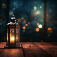 AI generated beautiful burning arabic lantern on wooden behind mosque background, ramadan photo