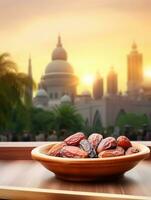 AI generated bowl dates on wooden behind mosque background photo