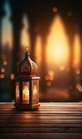 AI generated beautiful burning arabic lantern on wooden table, ramadan background with copy space for text photo