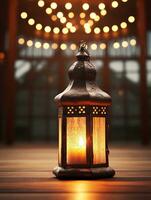 ai generado hermosa ardiente Arábica linterna en de madera mesa, Ramadán antecedentes con Copiar espacio para texto foto