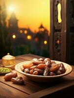 AI generated bowl dates on wooden behind mosque background photo