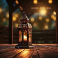 AI generated beautiful burning arabic lantern on wooden behind mosque background, ramadan photo