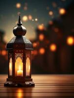 AI generated beautiful burning arabic lantern on wooden table, ramadan background with copy space for text photo