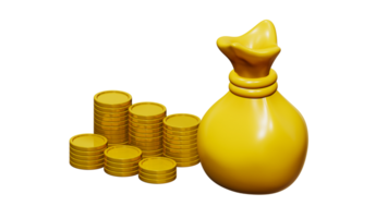 3D rendering of gold coins and bag of gold png