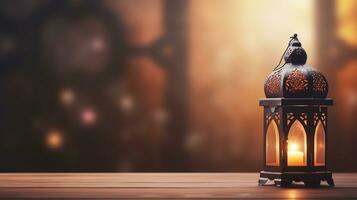 AI generated beautiful burning arabic lantern on wooden table, ramadan background with copy space for text photo