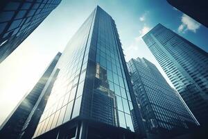 ai generado bajo ángulo ciudad edificio, alto torre edificio, con muchos vaso foto