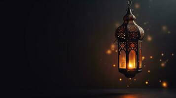 AI generated beautiful burning arabic lantern on wooden table, ramadan background with copy space for text photo