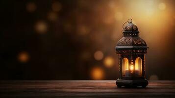 AI generated beautiful burning arabic lantern on wooden table, ramadan background with copy space for text photo