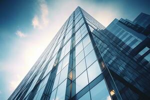 ai generado bajo ángulo ciudad edificio, alto torre edificio, con muchos vaso foto