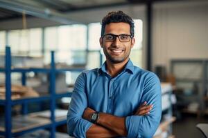 ai generado un joven indio masculino diseñador, ingeniero, arquitecto quien es vistiendo lentes y un azul camisa sonriente en pie en el oficina y mirando a el cámara foto