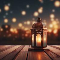 AI generated beautiful burning arabic lantern on wooden behind mosque background, ramadan photo