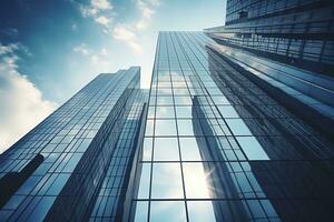 ai generado bajo ángulo ciudad edificio, alto torre edificio, con muchos vaso foto