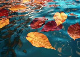 AI Generated Red gold amber leaves floating in a water photo