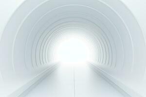 bright neon white round shaped long tunnel with light at the end. photo