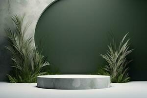 marble podium with arch. behind there is moss, ferns, leaves, tall grass. against a muted green wall background photo