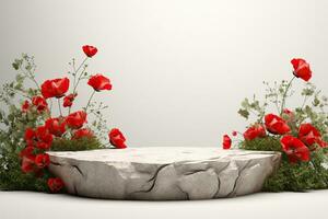 an unhewn rough white stone podium with poppies and field herbs growing behind. gray minimalistic background photo