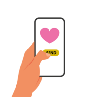 Sending love message concept. Hand holding phone with heart, send button on the screen. Finger touch screen. Cartoon illustration for advertisement, web sites, banners, infographics design png