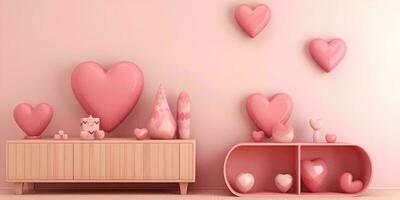 AI generated Pink interior with chest of drawers and pink hearts. 3D rendering For valentine day photo