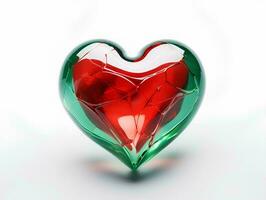 ai generado corazón hecho de rojo y verde vaso en blanco antecedentes. 3d ilustración foto