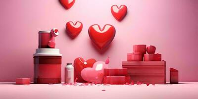 AI generated Red heart with cosmetic products on pink background. 3D rendering. For valentine day photo