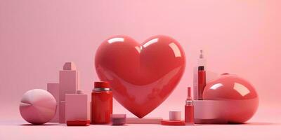 AI generated Red heart with cosmetic products on pink background. 3D rendering. For valentine day photo
