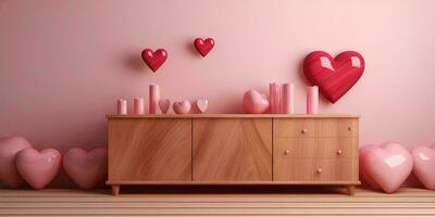 AI generated Pink interior with chest of drawers and pink hearts. 3D rendering For valentine day photo